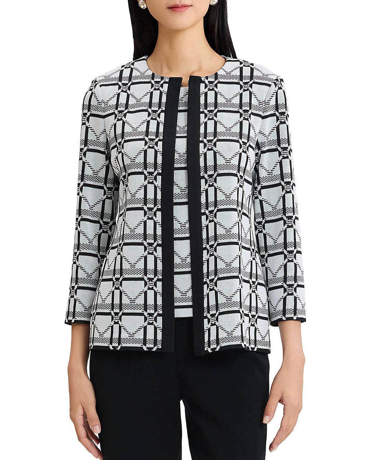 Ming Wang Monochrome Geometric Knit Jacket