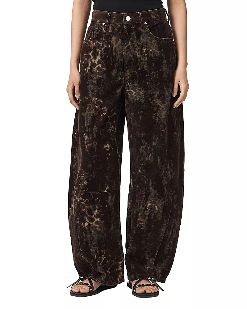 Allsaints Jett Flock High Rise Barrel Jeans in Leppo Brown