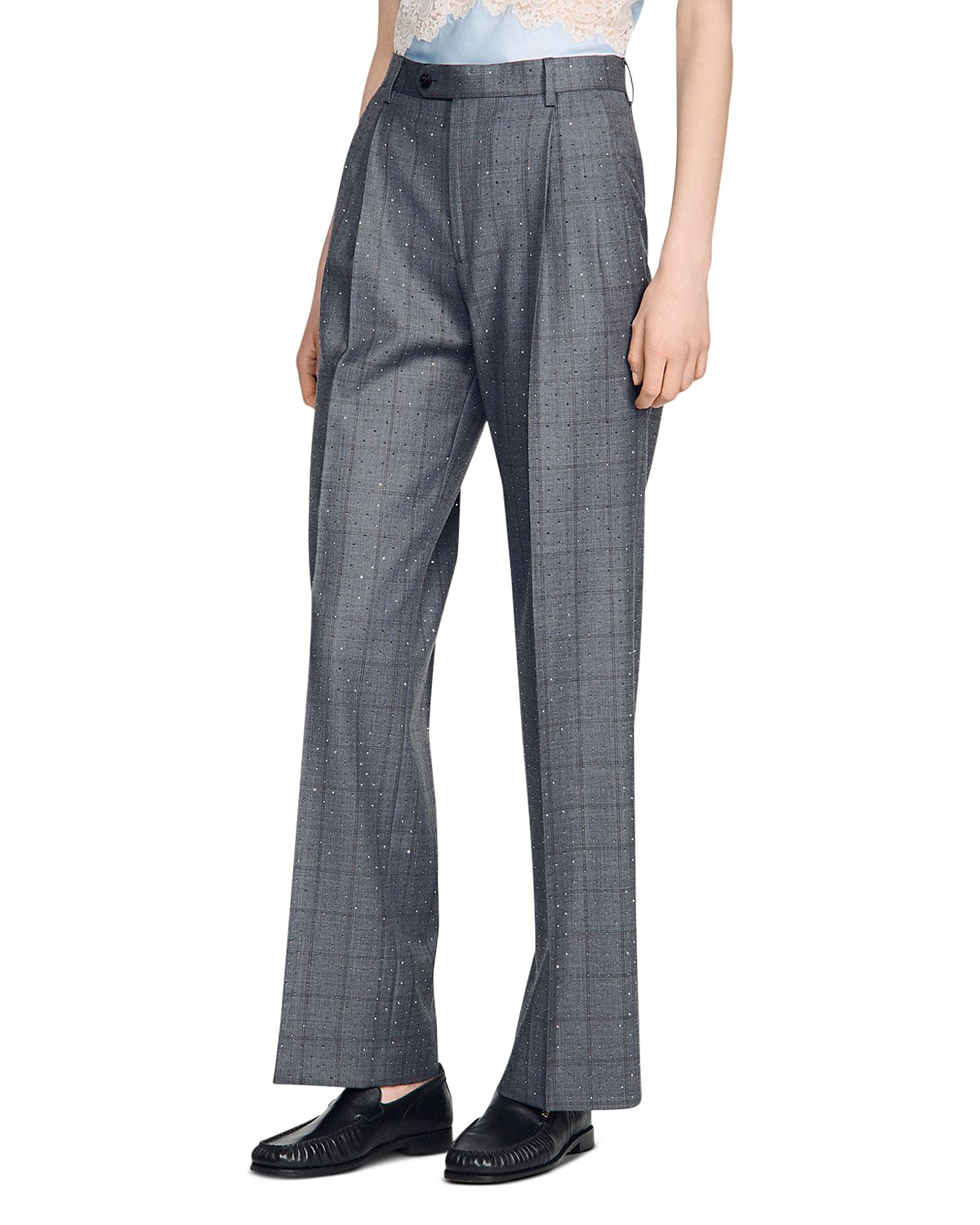 Sandro Rhinestone Check Wool Pants