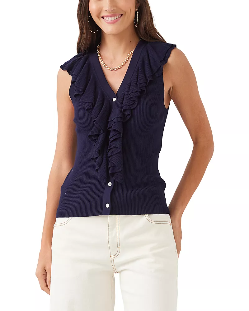 Karen Kane Sleeveless Ruffle V Neck Sweater