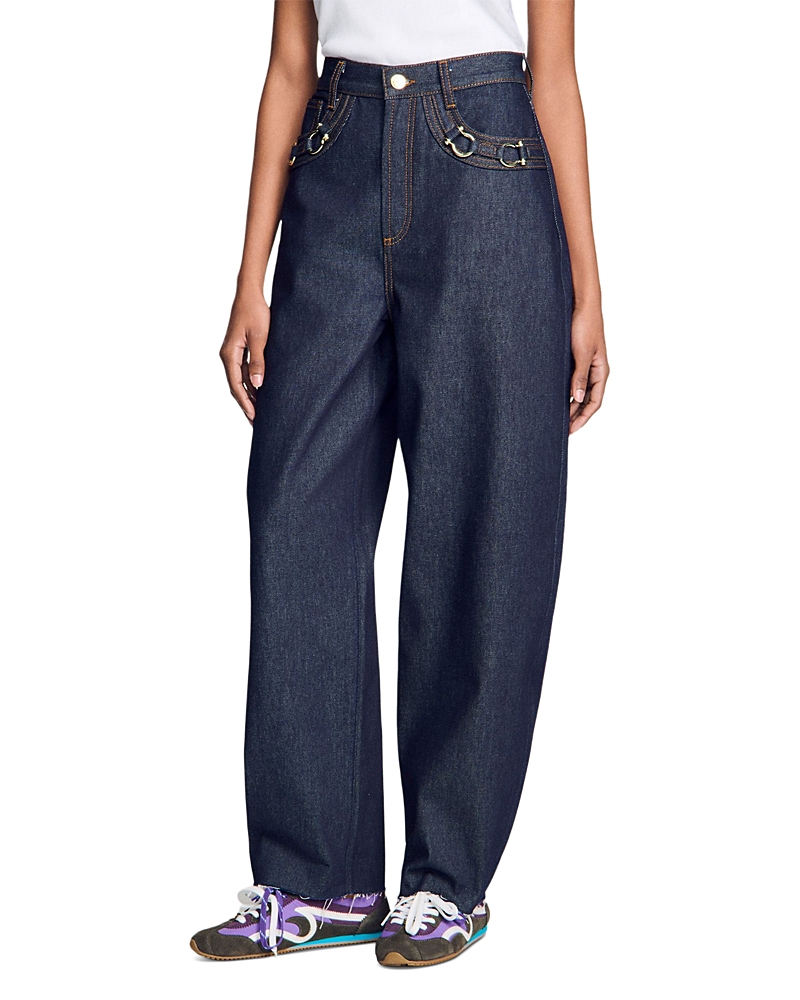 Sandro Kaja High Rise Metal Bit Barrel Jeans in Blue Jean