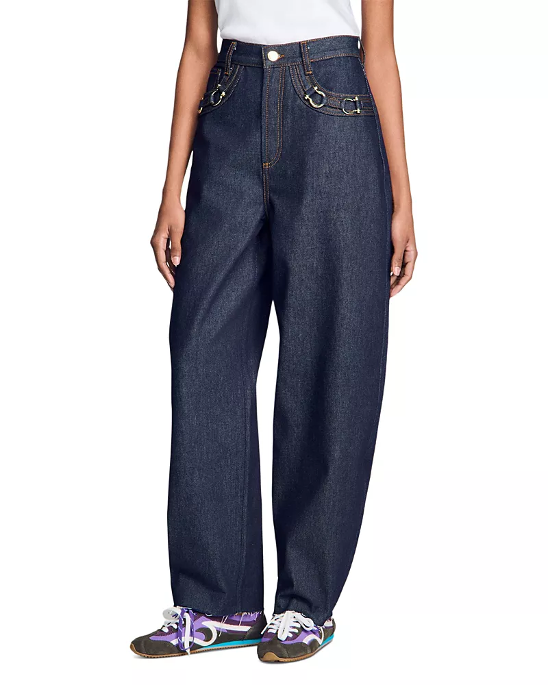 Sandro Kaja High Rise Metal Bit Barrel Jeans in Blue Jean