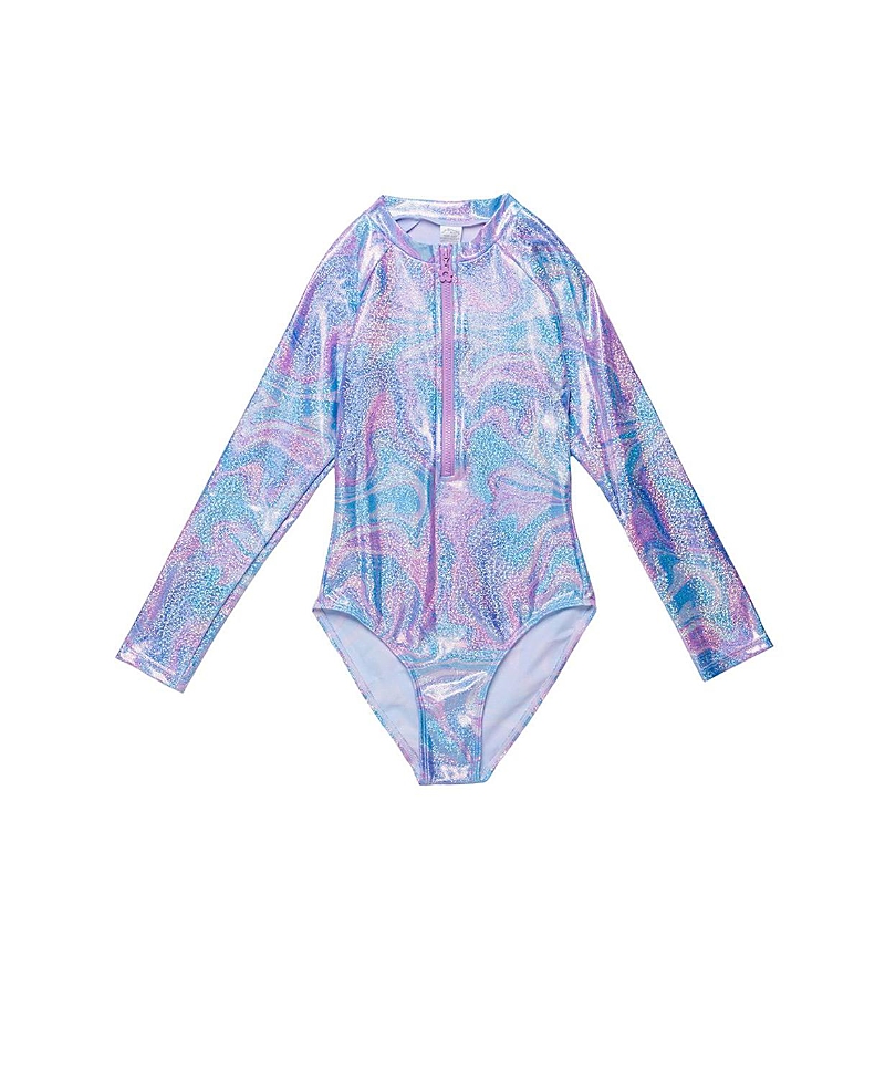 Gottex Kids Girls' Marble Sparkle Long Sleeve Zip Front One Piece - Little Kid, Big Kid