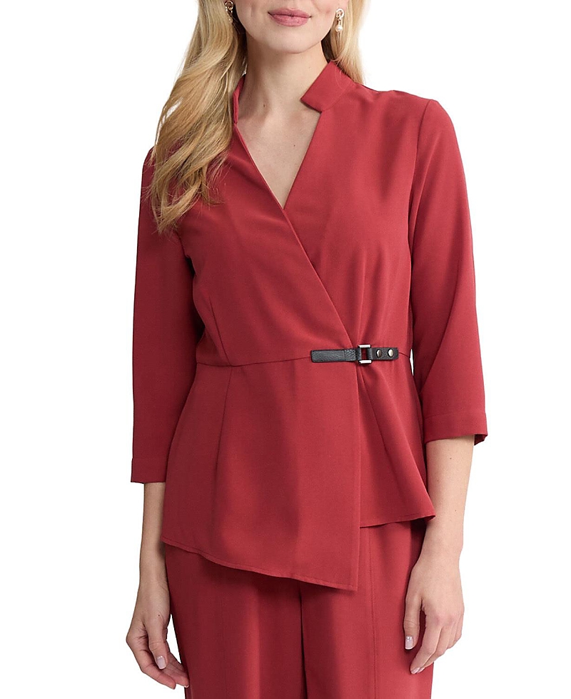 Misook Buckle Detail Crepe Wrap Blouse
