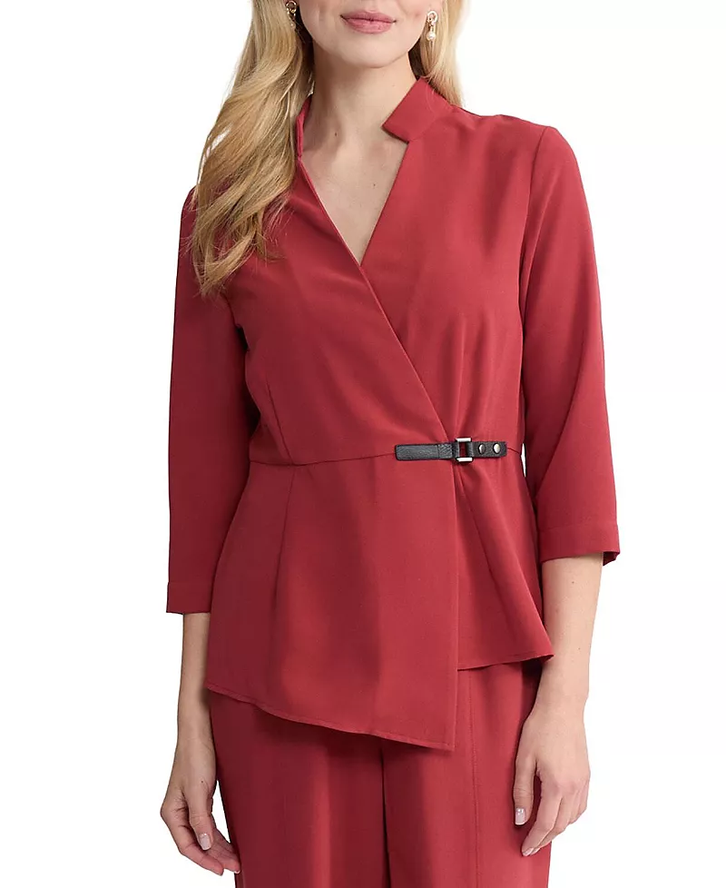 Misook Buckle Detail Crepe Wrap Blouse
