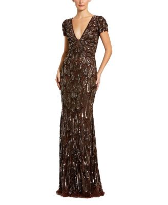 Petite Beaded Sequin V-Neck Cap Sleeve Fitted Column Gown