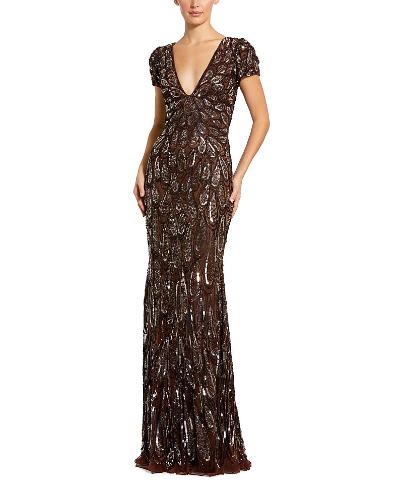 Mac Duggal Petite Beaded Sequin V-Neck Cap Sleeve Fitted Column Gown