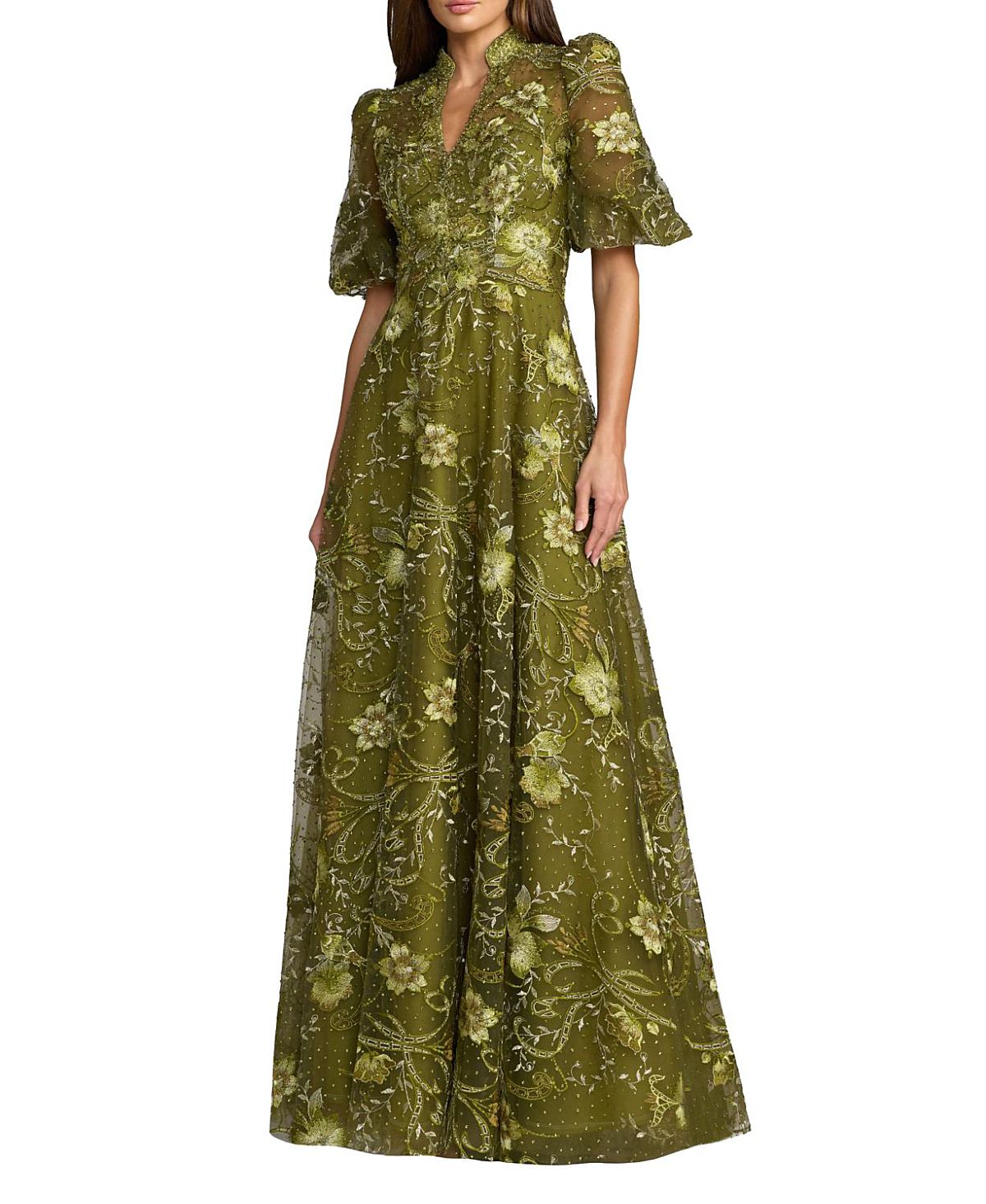 Mac Duggal Queen Anne Puff Sleeve A Line Gown