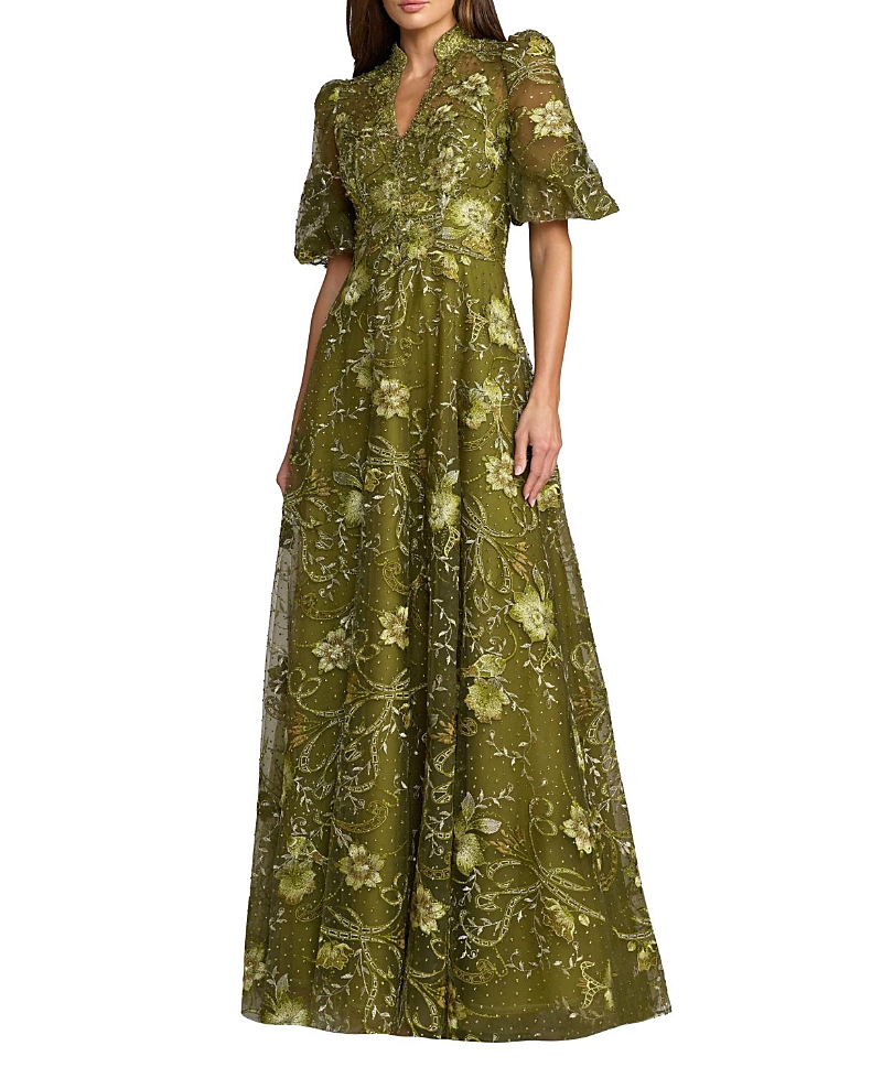 Mac Duggal Queen Anne Puff Sleeve A Line Gown