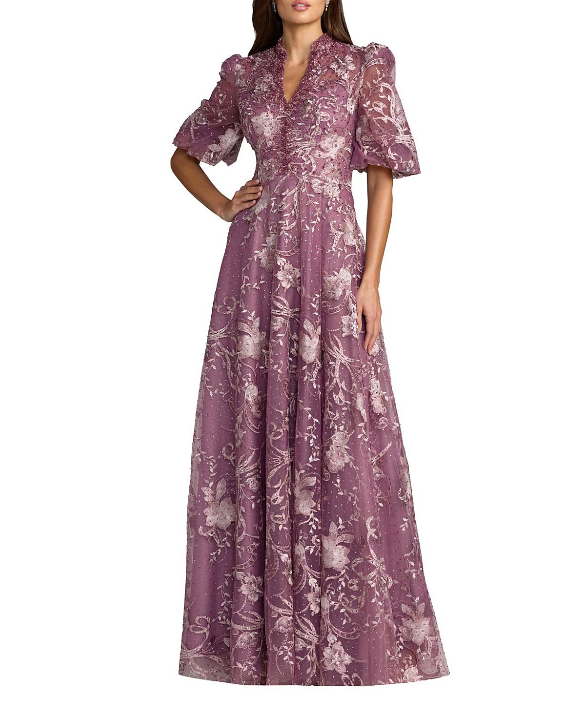 Mac Duggal Queen Anne Puff Sleeve A Line Gown