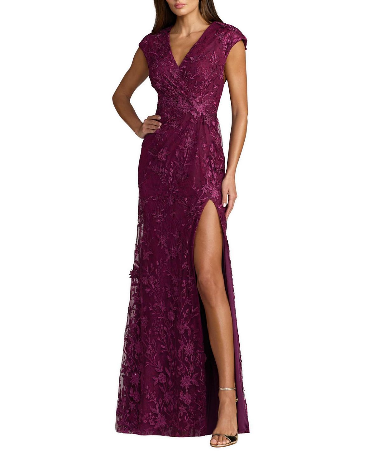 Mac Duggal Faux Wrap Embroidered Cap Sleeve Gown