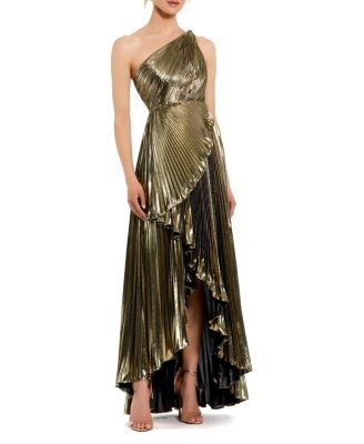  Petite Pleated Metallic One Shoulder High Low Gown