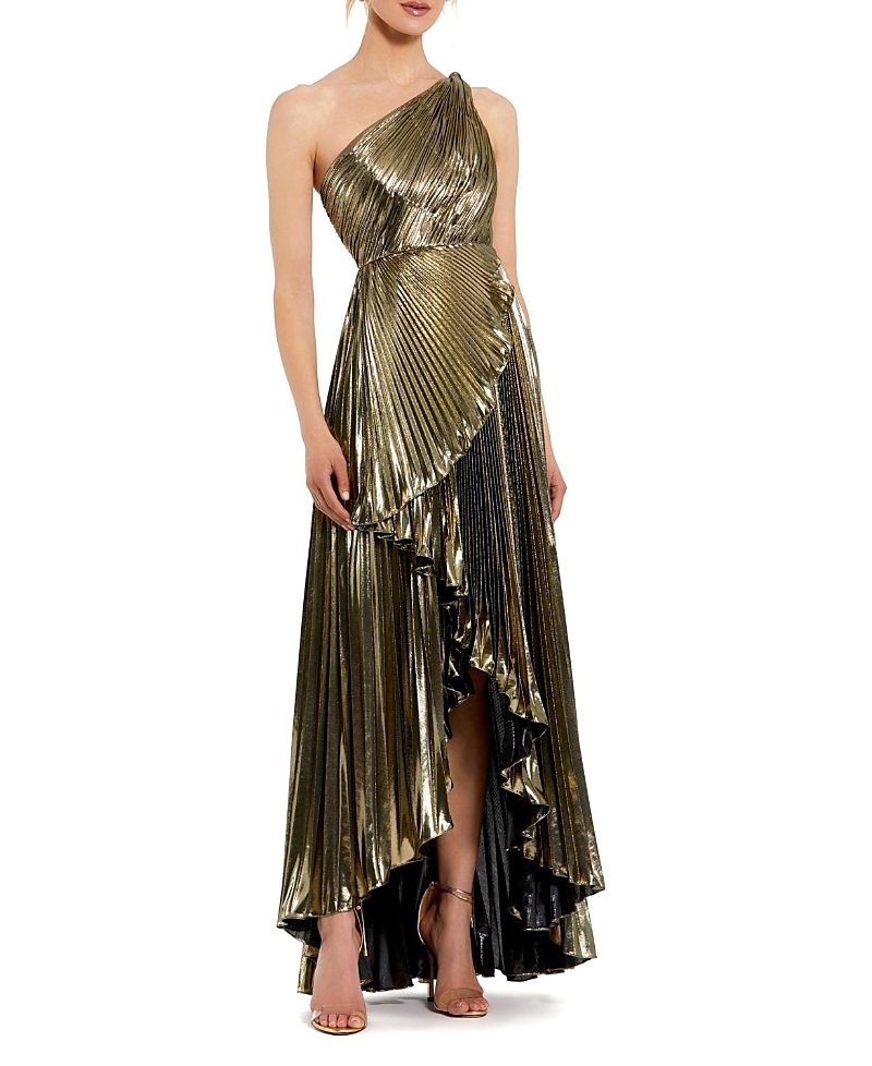 Mac Duggal Petite Pleated Metallic One Shoulder High Low Gown