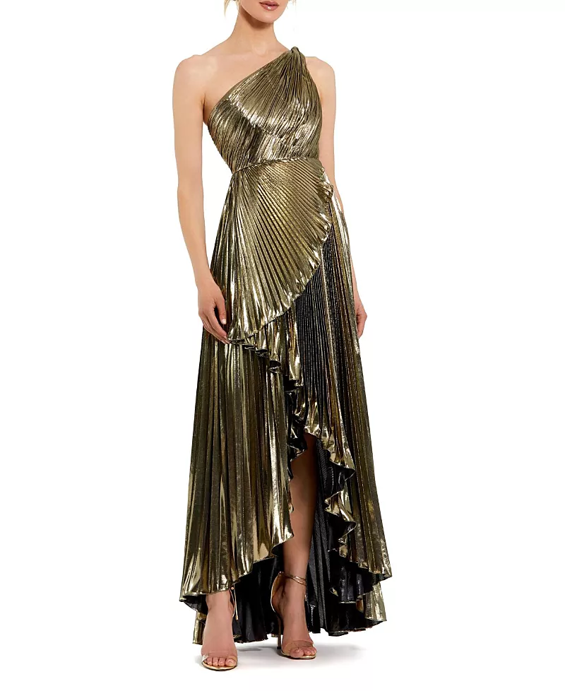Mac Duggal Petite Pleated Metallic One Shoulder High Low Gown