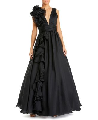 Petite Ruffle Shoulder V-Neck Chiffon Gown
