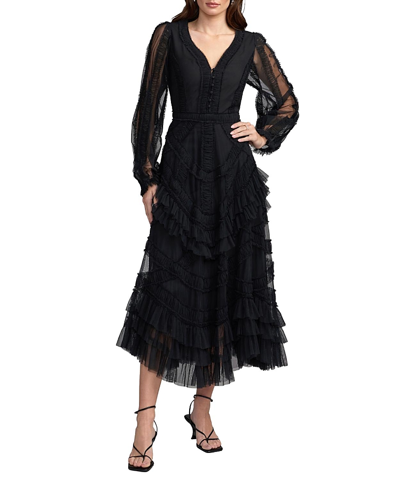 Mac Duggal Long Sleeve V Neck Mesh Micro Ruffle Midi Dress In Black