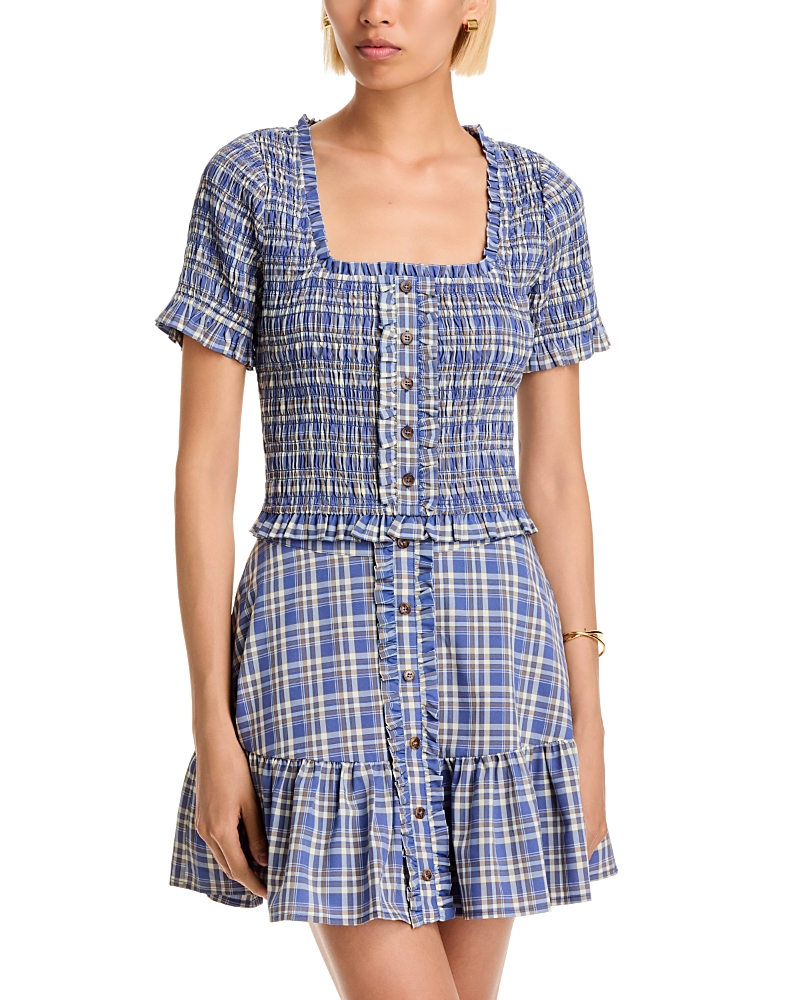 Aqua Plaid Short Sleeve Smocked Top - Exclusive