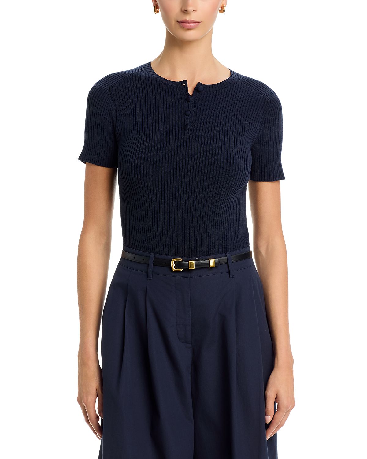 Lafayette 148 New York Crewneck Ribbed Short Sleeve Sweater