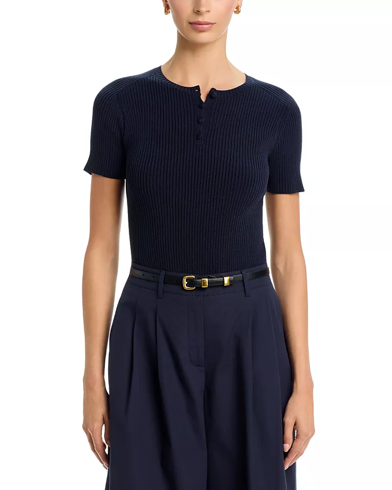 Lafayette 148 New York Crewneck Ribbed Short Sleeve Sweater