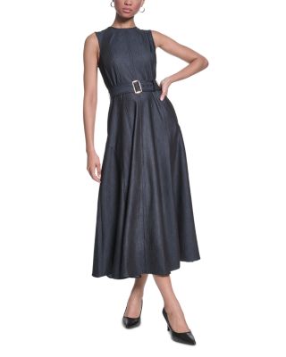 Sleeveless Belted Denim Midi Dress