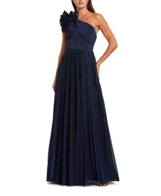 Mac Duggal Petite Pleated Metallic One Shoulder Gown with Ruffle