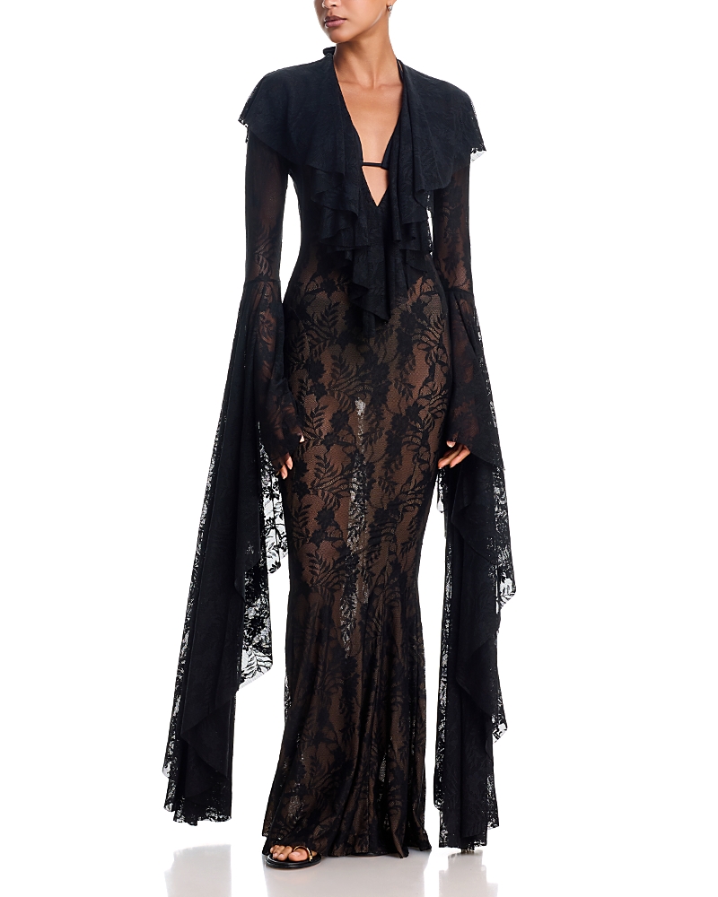 Norma Kamali Extra Long Sleeve Deep V Fishtail Gown