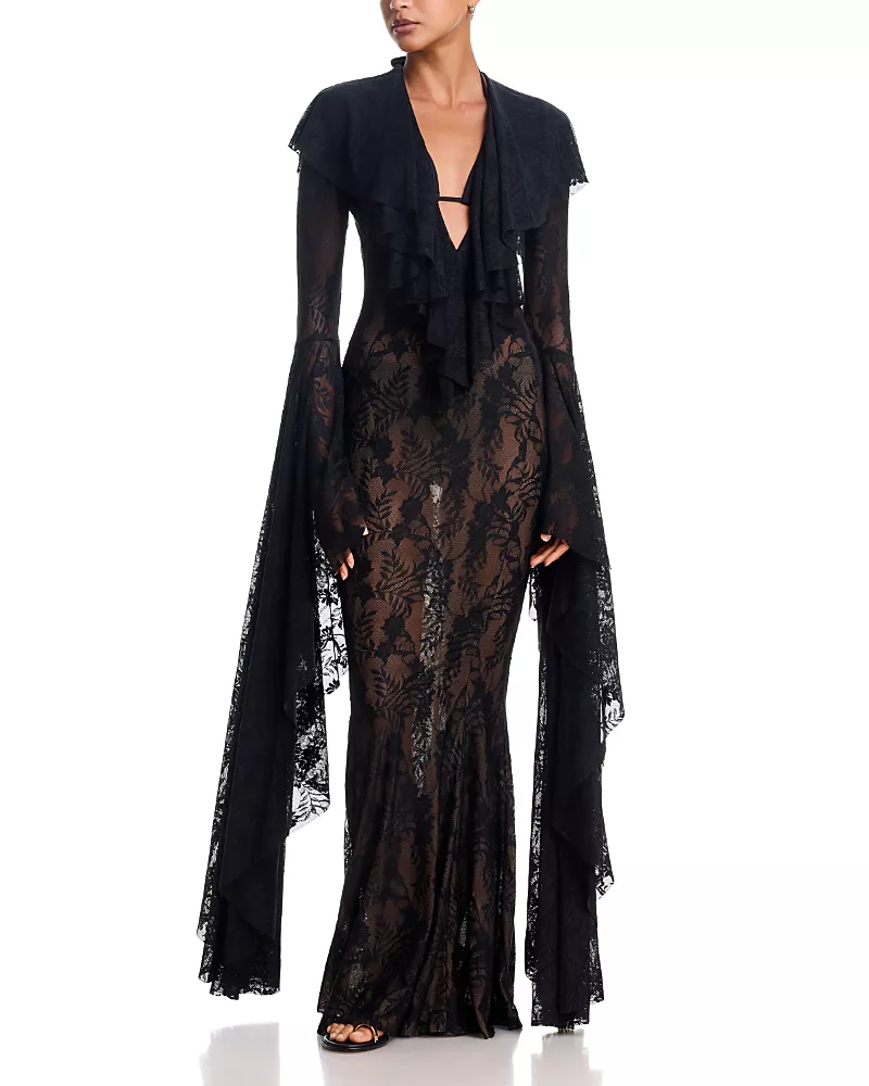 Norma Kamali Extra Long Sleeve Deep V Fishtail Gown