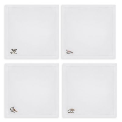 Bird Motif Embroidered Linen Cocktail Napkins, Set of 4