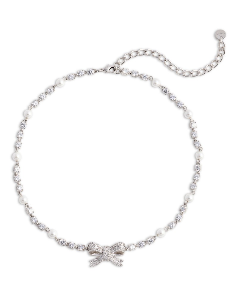 Self-Portrait Self Portrait Crystal & Imitation Pearl Bow Necklace, 11.8-15.7 in Silver