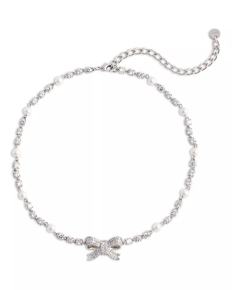 Self Portrait Crystal & Imitation Pearl Bow Necklace, 11.8-15.7