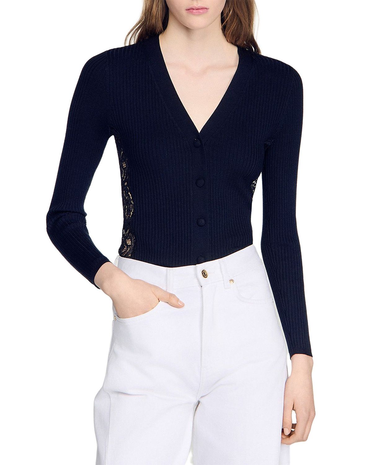 Sandro Gabriele Lace Panel Cardigan