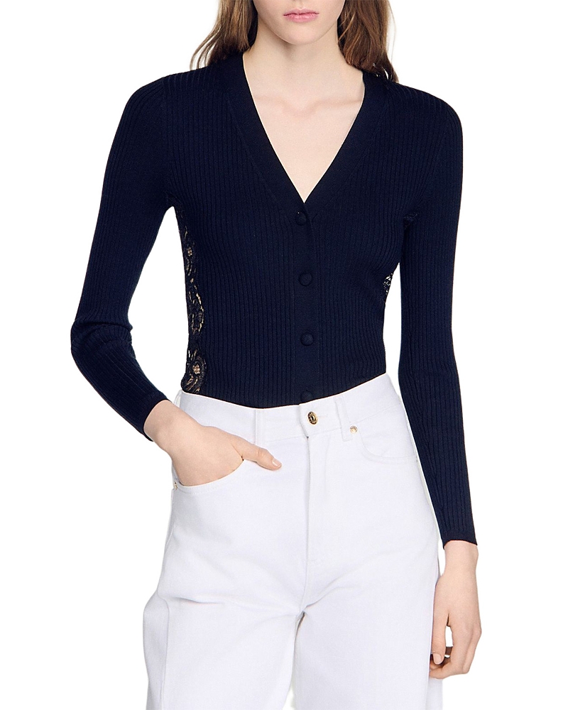 Sandro Gabriele Lace Panel Cardigan In Blue