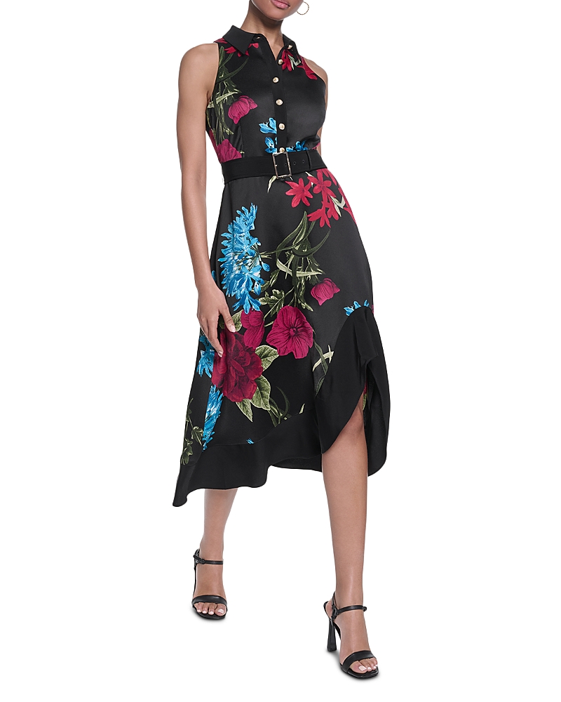 Karl Lagerfeld Paris Floral Printed Belted Sleeveless Midi Dress