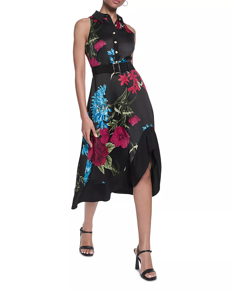 Karl Lagerfeld Paris Floral Printed Belted Sleeveless Midi Dress