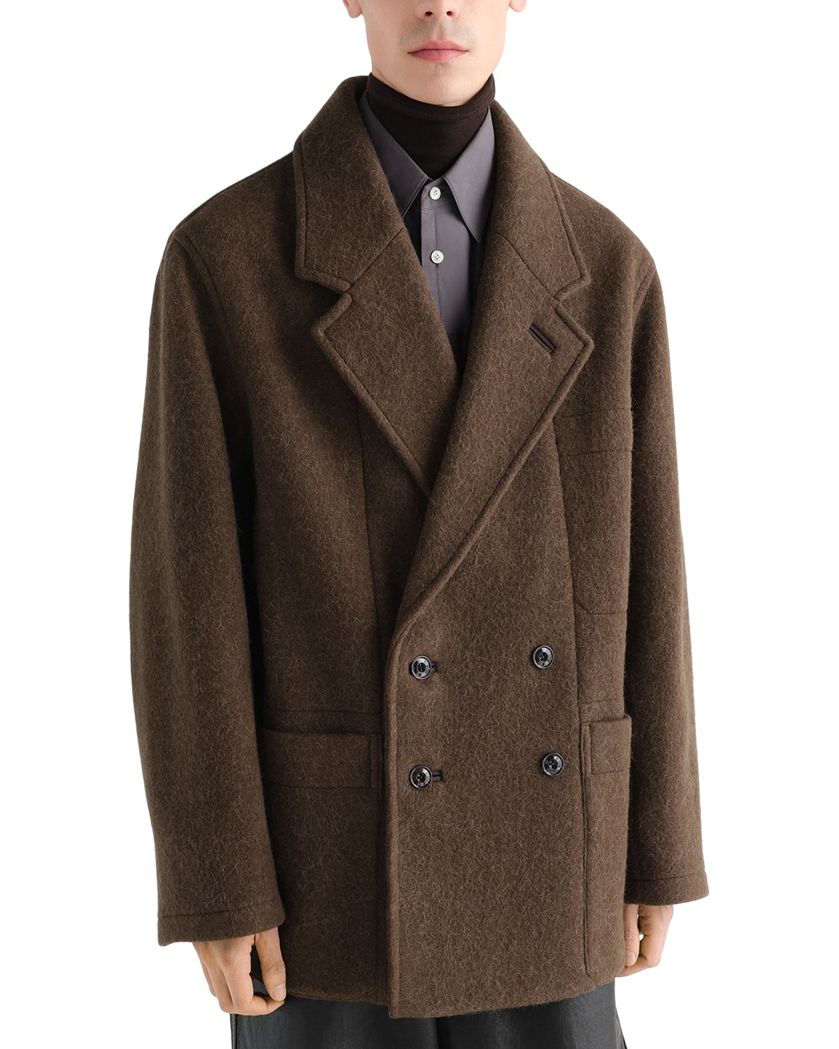 Lemaire Double Breasted Felted Short Coat in Mud