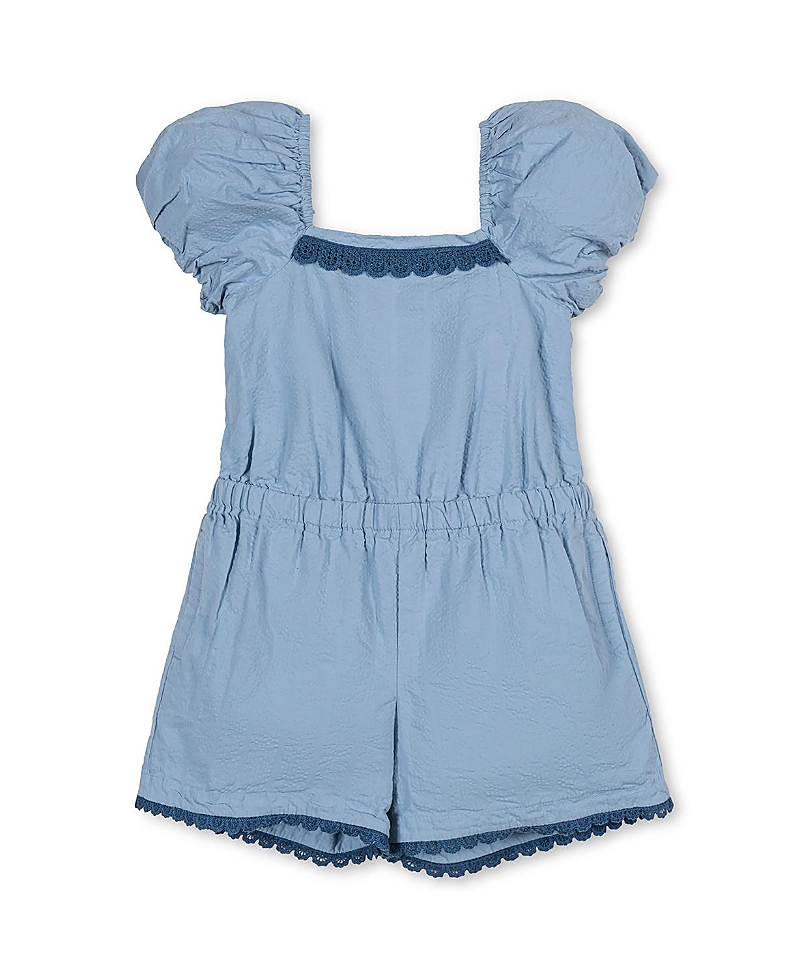 Hope & Henry Girls' Organic Puff Sleeve Seersucker Romper - Little Kid, Big Kid
