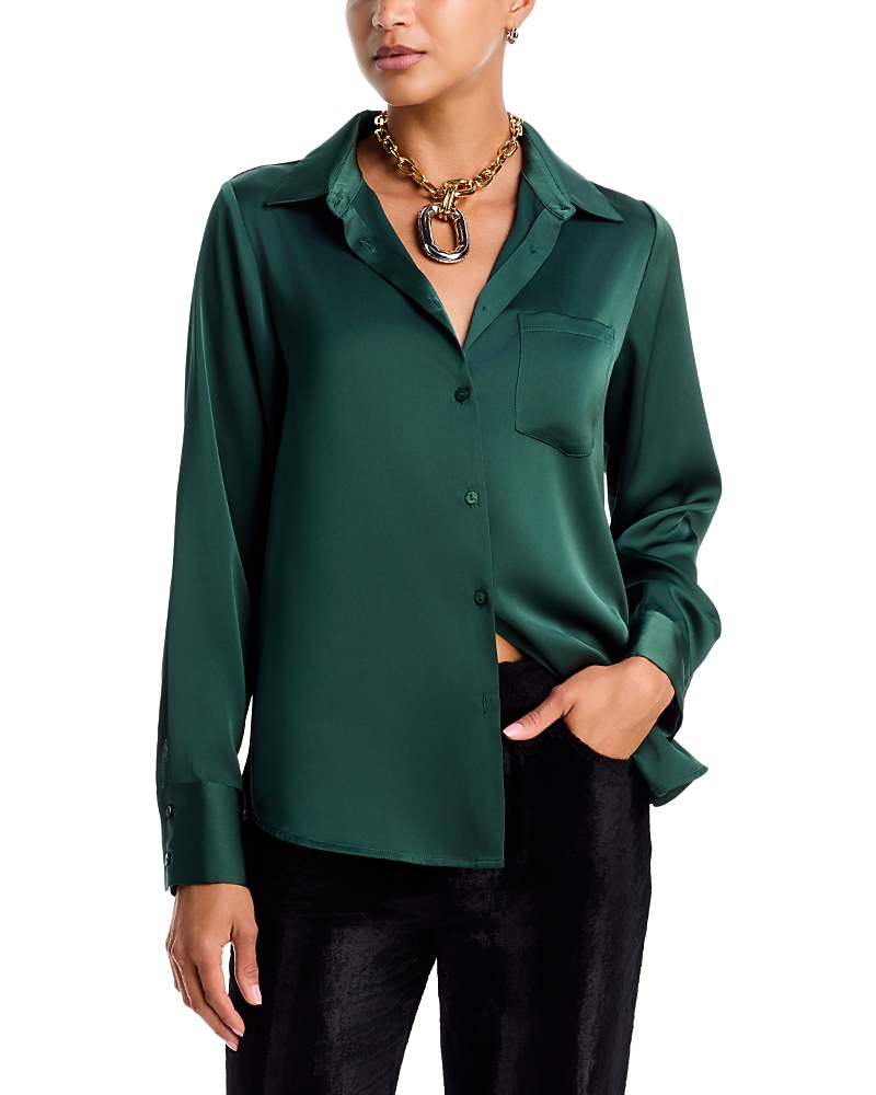 Aqua Satin Button Front Blouse - Exclusive