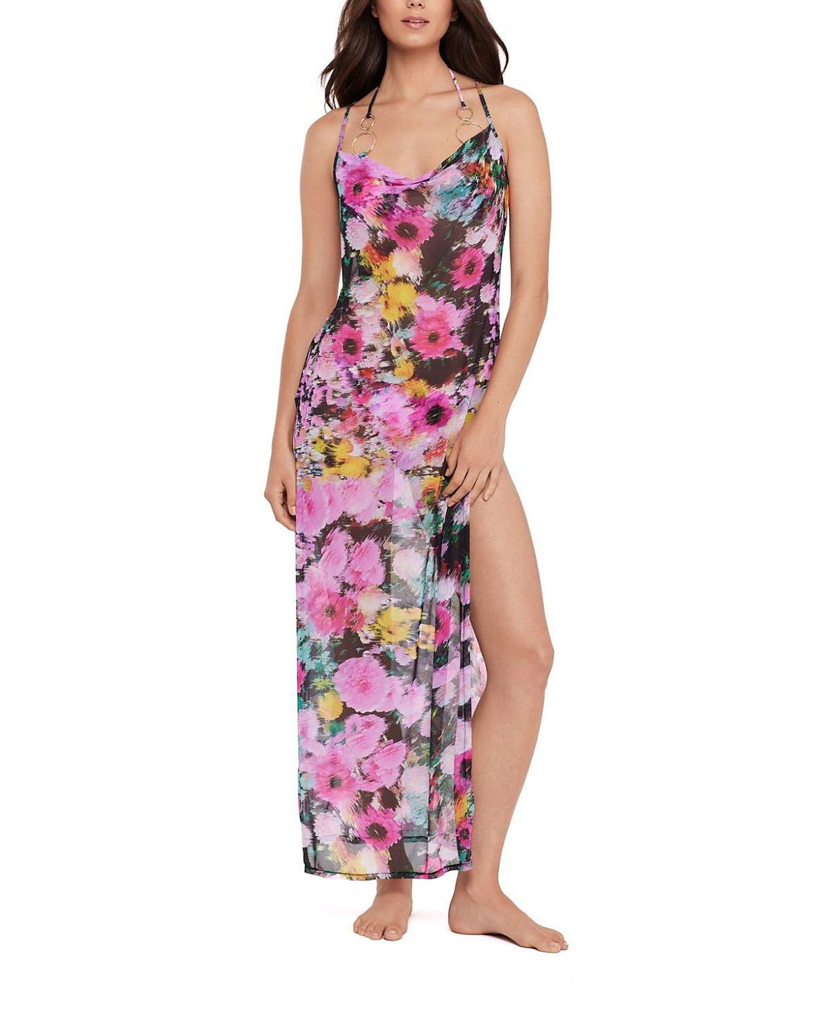 Steve Madden Mesh Cowl Neck Maxi Dress with High Slits Cover Up