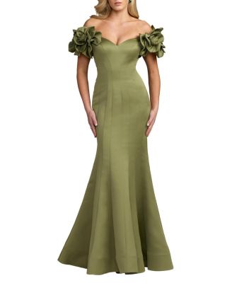 Satin Off The Shoulder Floral Detail Trumpet Gown