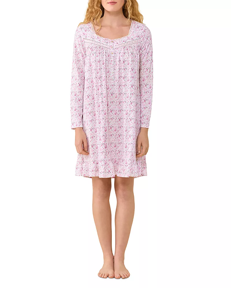 Eileen West Long Sleeve Cotton Jersey Knit Short Nightgown - Exclusive