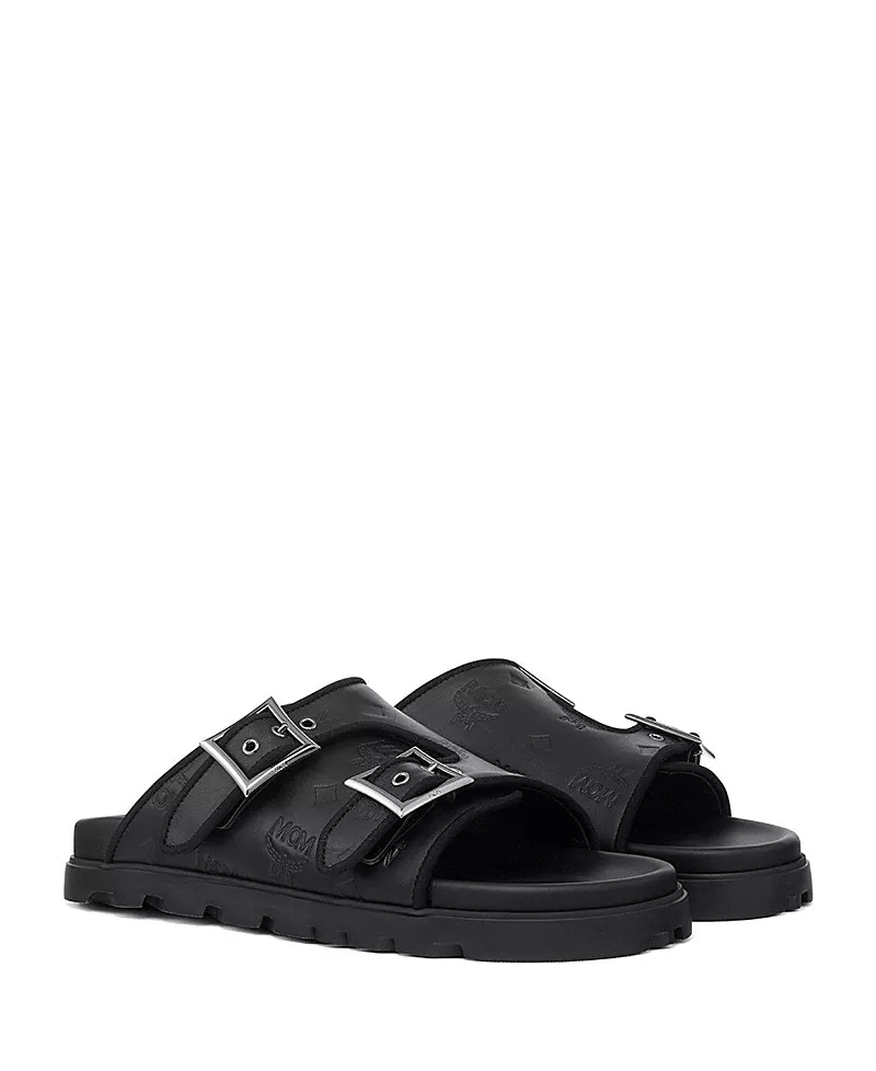 Mcm Men's Embossed Monogram Leather Sandals