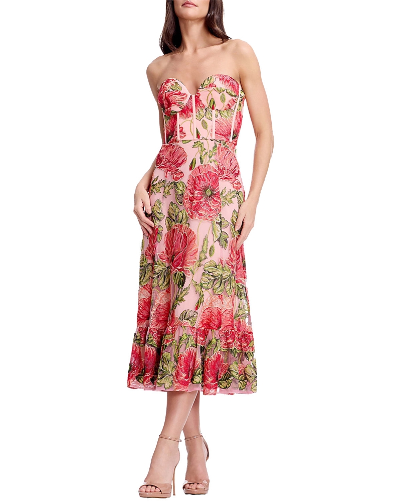 Dress the Population Carina Strapless Sweetheart Floral Lace Corset Midi Dress