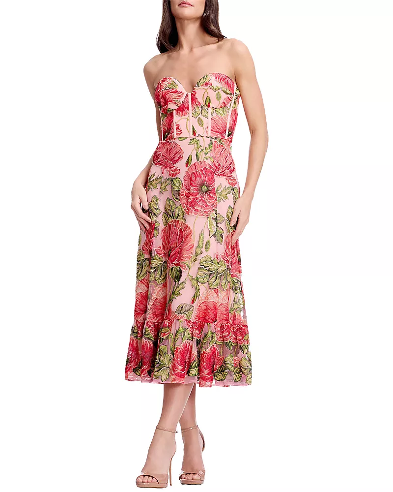Dress the Population Carina Strapless Sweetheart Floral Lace Corset Midi Dress