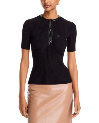 Contrasted Vinyl Rib Knit Short Sleeve Top