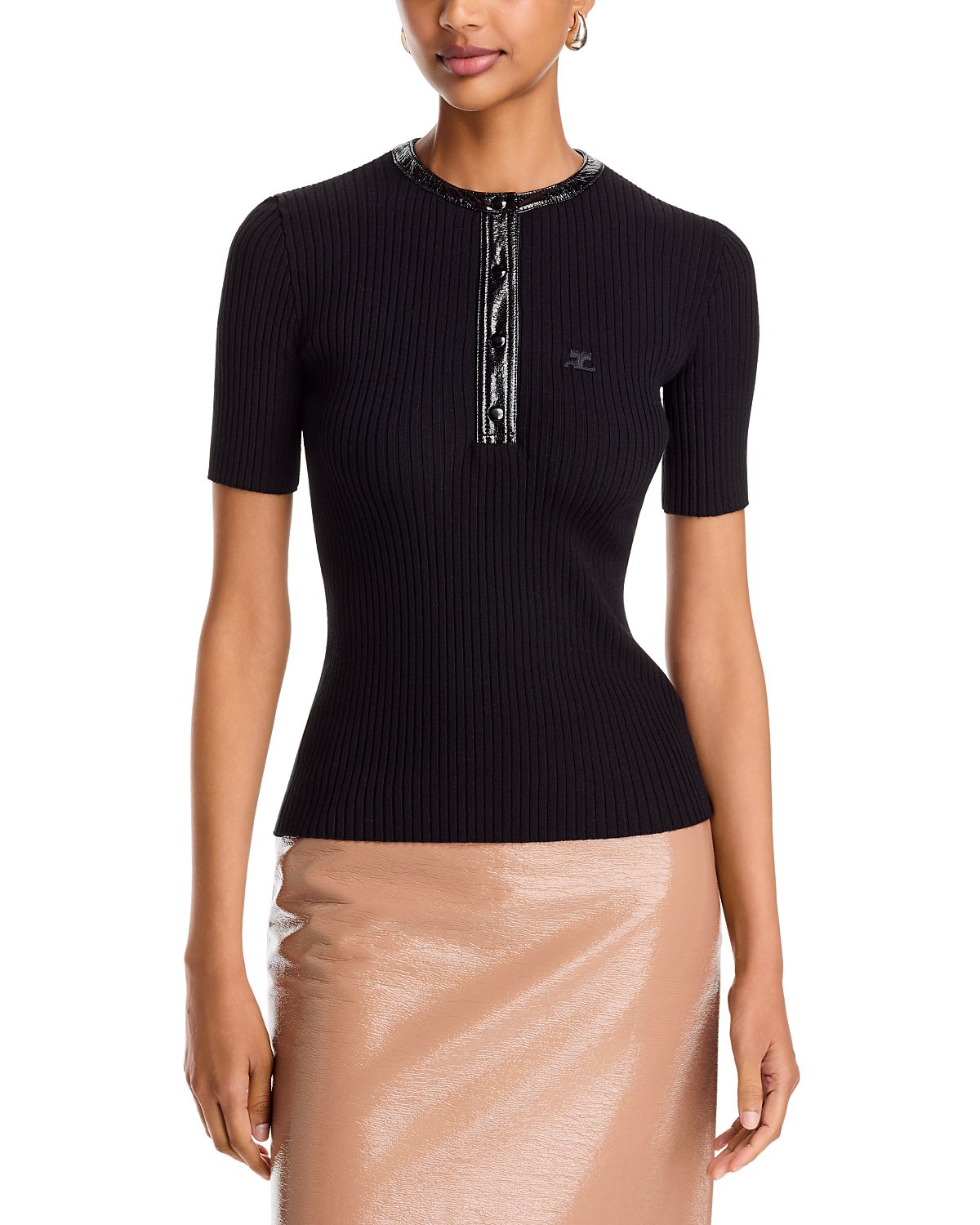 Courreges Contrasted Vinyl Rib Knit Short Sleeve Top