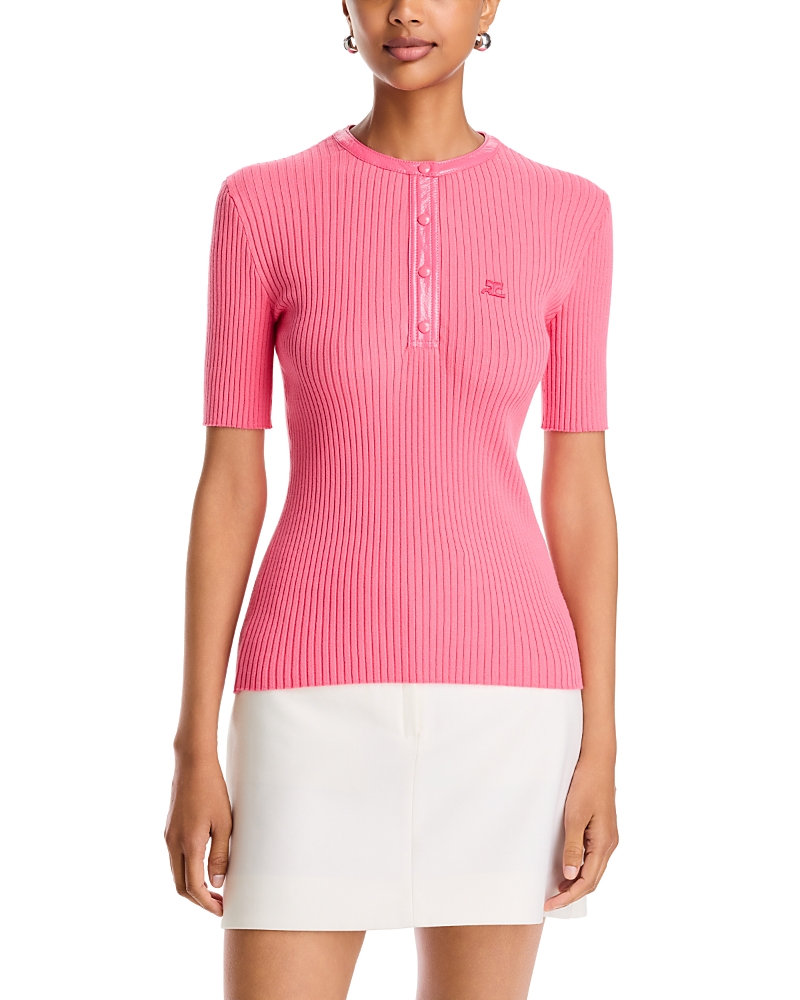 Courreges Contrasted Vinyl Rib Knit Short Sleeve Top