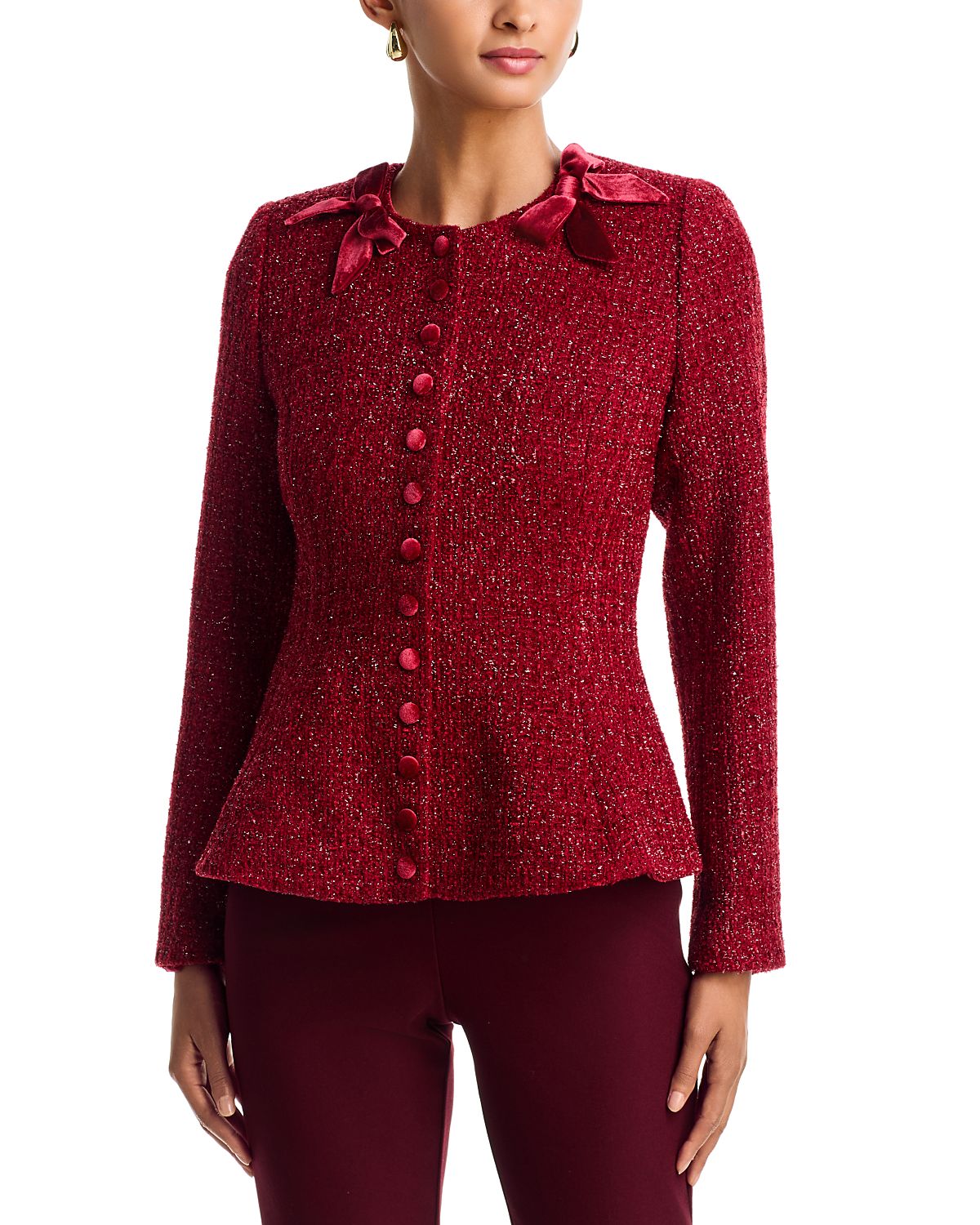 Aqua Tweed Peplum Hem Velvet Bow Jacket - Exclusive