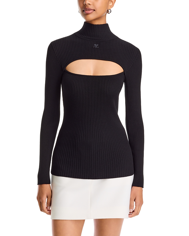 Courreges Rib Knit Slash Mock Neck Sweater