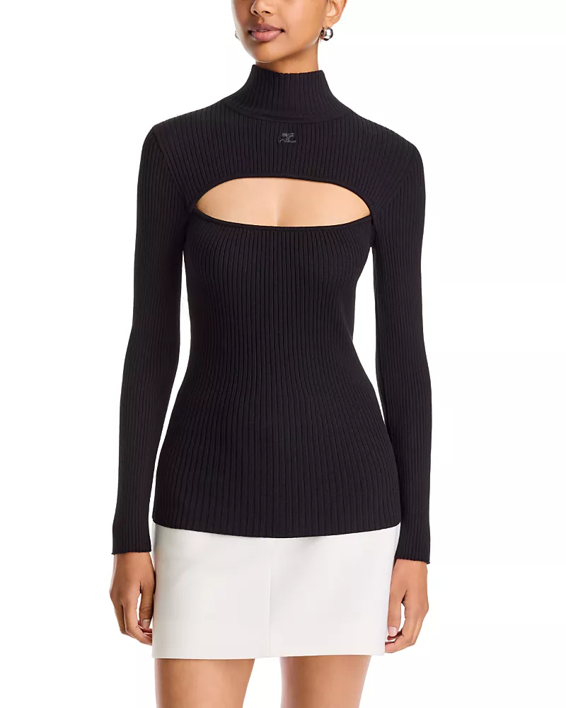 Courreges Rib Knit Slash Mock Neck Sweater