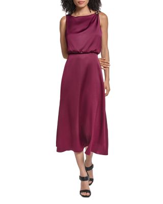 Embellished Shoulder Satin Midi Dress